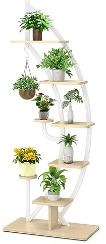 GYMAX Scaffale per Piante a 7 Livelli, Portafiori a Mezza Luna con Gancio, Dispositivo Antiribaltamento, per Balcone, Terrazza, Giardino, 60 x 30 x 155 cm (Bianco, Stile 2)