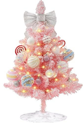 HOMDAILY Mini Árbol de Navidad Rosa de 2 Pies - Artificial de Mesa Con Lazo, Adornos de Bola y Falda Blanca - Decoraciones Navideñas