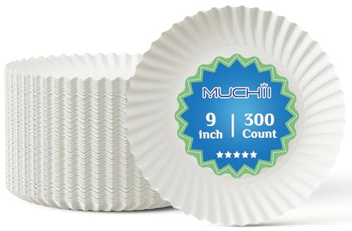 MUCHII 300 Count 9 Inch Paper Plates, Disposable Dinner Plates Bulk, White Plate Uncoated for Parties, Catering, Picnics, and DIY