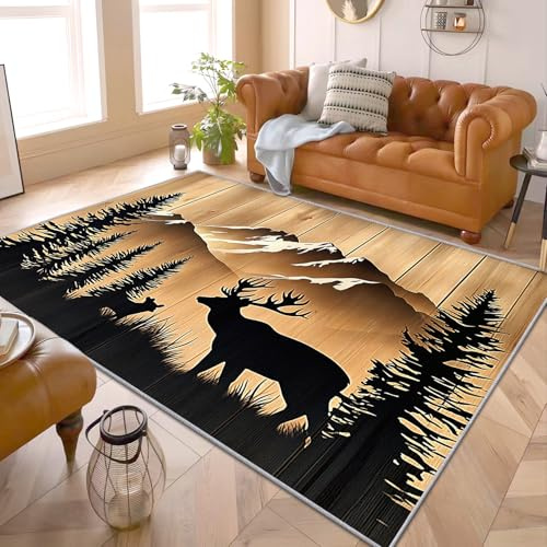 PaxGloz Hirsch Teppich - Teppiche Wohnzimmer Schlafzimmer Hirsch Wald, Großer Teppich Jagdmotiv REH, Weich Kurzflor & Waschbar & rutschfest Wohnzimmerteppich, Kinderteppich, Bettvorleger 100x200 cm