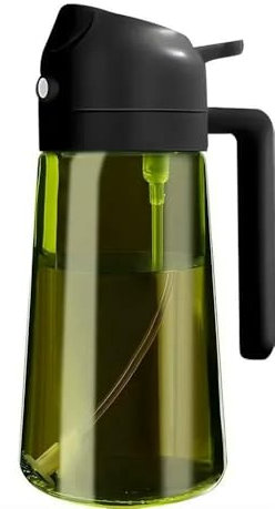 GLDFW - Pulverizador de aceite oscuro con bloqueo de luz de 470 ml para cocinar 2 en 1, botella dispensadora de aceite de oliva para cocina, botella de vidrio verde oscuro