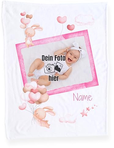 GRAZDesign Personalisierte Babydecke mit Namen und Foto Mädchen Baby Geschenke Geburtsgeschenk für Neugeborene Kuscheldecke aus Fleece