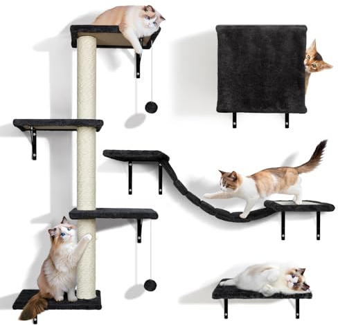 Zvonema Wandregal für Katzen, 4 in 1 Set Wandmöbel für Katzen mit Kratzbaum, Wand-Katzenbaum mit Ball, stabil für Groß und Klein im Innenbereich bis 10 kg, Schwarz