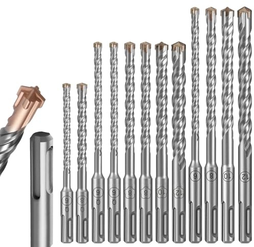 YOTINO SDS Plus Bohrer Set, Doppelwendel Steinbohrer Betonbohrer mit 4 Schneiden, Ø 6, 8, 10, 12 mm (110, 150, 200 mm Lang) für Ziegelmauer, Beton, Naturstein (12 tlg.)