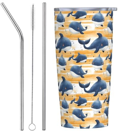 Vaso con diseño de ballena de dibujos animados con tapa y popote, vasos aislados de acero inoxidable de 20 onzas, taza de café personalizada, botella de agua
