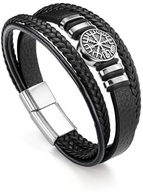 PiercingJak Herren Armband Wikinger Vegvisir Kompass Lederarmband für Männer Schwarz Geflochtene Leder Armbänder Nordische Talisman Skandinavische Schmuck Amulett für Mann Jungen