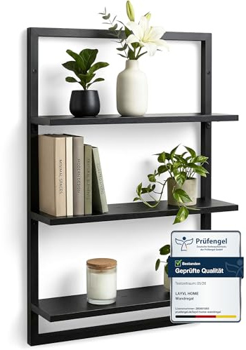 LAYVL HOME® Wandregal Bambus mit schwarzen Metallrahmen, 75x50x15cm, hängendes Regal mit modernem Design, Metall Holz Wand Schweberegal, Regalwand Möbel für Wohnzimmer Küche und Bad (Schwarz)