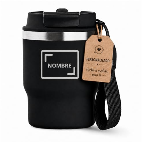ECOROOTS Evergreen - Termo Café para llevar I 360 ml | Vaso Térmico Ligero Acero Inox. Sin BPA | Tazas Antifugas y Pajita para Café, Agua, Té o Refrescos | PERSONALIZA TU NOMBRE