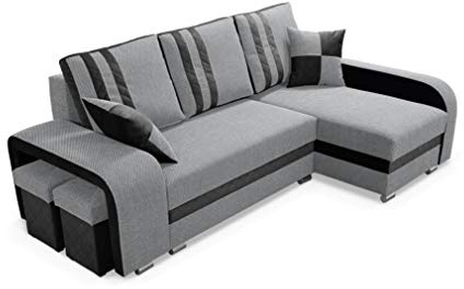 Robin Inspire York Ecksofa mit Schlaffunktion, Grau Schwarz Rechts | L-Form Schlafsofa, 245 cm, 2 Bettkästen, 2 Hocker, Liegefläche 200x165 cm, Baltic Stoff, Stauraum, Wohnzimmer, Rechts