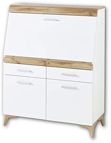 Stella Trading SECRET Sekretär Schreibtisch Kommode in Weiß matt, Eiche Altholz Optik - platzsparender Computertisch Schrank mit Schubladen - 98 x 124 x 42 cm (B/H/T)