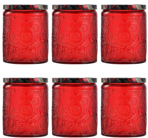 HEALLILY 6pcs Embossed Glass Candle Container with Lid Empty Candle Jars for Making Candle DIY Craft Red