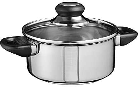 Edelstahl Kochtopf mit Glas Deckel und Messskala - 16 cm - Braten Topf mit Dunstloch für alle Herdarten