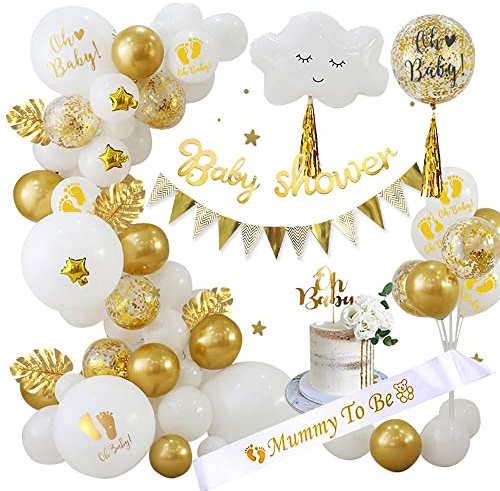 Babyparty Deko Mädchen Junge, Oh Baby Neutral Gold Shower Dekorationen Mit Mummy to Be Schärpe, Banner, Cake Topper Balloons, Gender Reveal