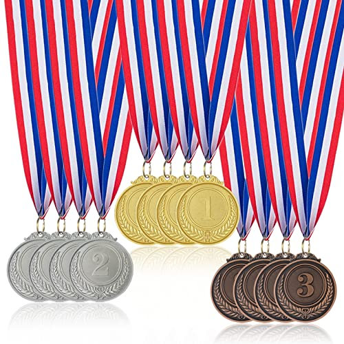 Donrime Medaillen für Kinder, 12 Stück Gold-Silber-Bronze-Metallmedaille mit Bändern, Sporttagespreise, Spielwettbewerbe, Partyartikel für Kinder und Erwachsene