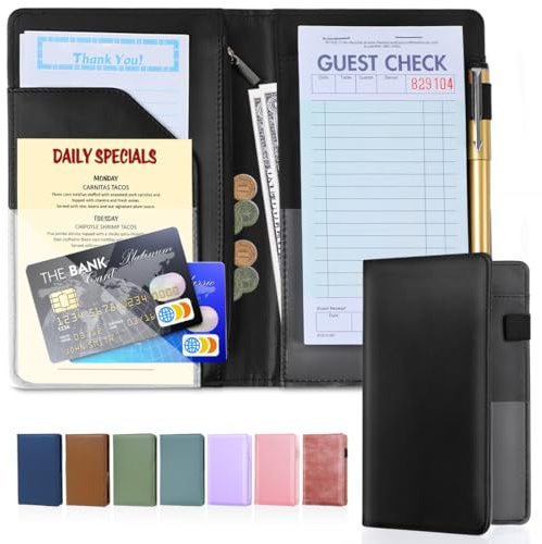LINTRU Serverbok i högkvalitativt PU-läder för servitris, serverbok 12,7 x 20,3 cm med blixtlåsficka, servitrisbok för 2 fickor och 3 fickförkläden (svart)