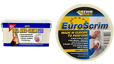 Everbuild Fill and Skim Ready Mixed Plaster, White, 5 Litre & EuroScrim Self Adhesive Scrim Tape, White, 48 mm x 90 m