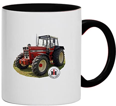 Oldtimer Tasse IHC 1255 Int. Harvester Traktor Abbildung Kaffeebecher Keramik, 330 ml Inhalt | Weiß/Schwarz