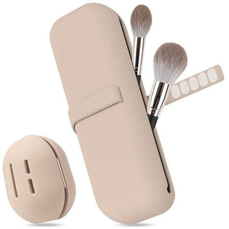 Travel Essentials Make Up Tasche Silikon, 1stk Make Up Pinsel Aufbewahrung und 1stk Beauty Blender Case, Leicht zu Reinigen, Weich und Tragbar, für Reisen (Khaki)