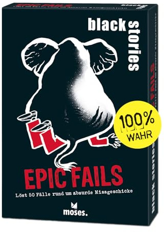 moses. Black Stories Epic Fails - 50 indovinelli con Casi Reali Che circondano assurde disavventure, Gioco di Carte con Varianti di Gioco e Punti