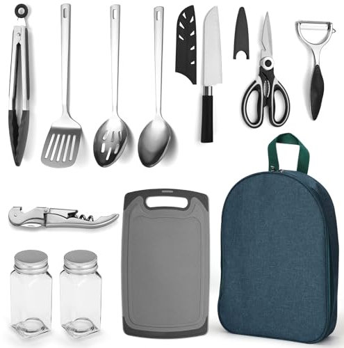 Evanda Utensili da Campeggio 10 pezzi, set da viaggio per organizer per utensili da cucina e grigliatura all'aperto in Accessori barbecue in acciaio inox, campeggio, camper, barbecue, picnic