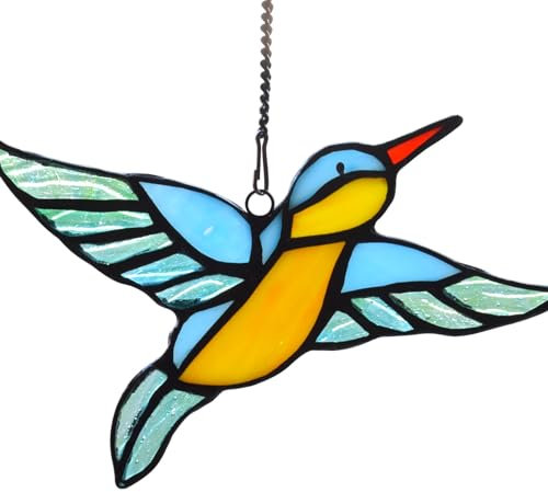 BOTOWI Tiffany-Stil Buntglas-Fensterbehänge Paneel Mit Kette, Fisch Sonnenblume Vogel Mährischer Stern Libelle Lotus Blumenkunst Traditionelles Handwerk Sonnenfänger Für Wohnkultur,Cuckoo