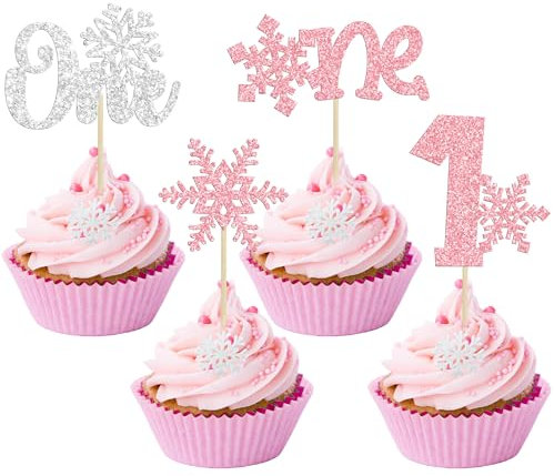 Gyufise 24Pcs Snowflake One Cupcake Toppers Pink Glitter Snowflake 1st Birthday Cupcake Picks for Winter Frozen Theme Baby Shower First Birthday Party Decorations Supplies