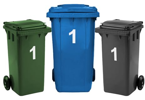 Rubigo 3 x Bin Numbers for Wheelie Bins, 0-99, Letters A-D, 17.5cm Dustbin Stickers, Easy Application Stick On Number Stickers - Weatherproof Self Adhesive Vinyl (1)