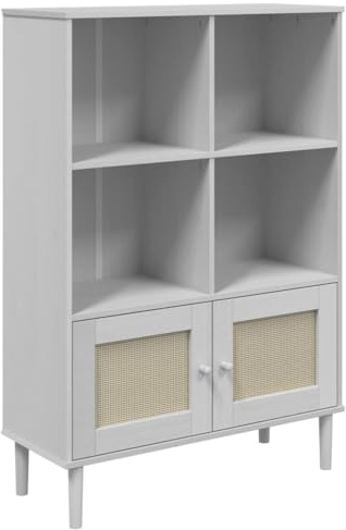 vidaXL Bücherschrank, Bücherregal Rattan-Look, Standregal mit Stauraum, Aktenregal Büroregal für Wohnzimmer Arbeitszimmer, Weiß Massivholz Kiefer