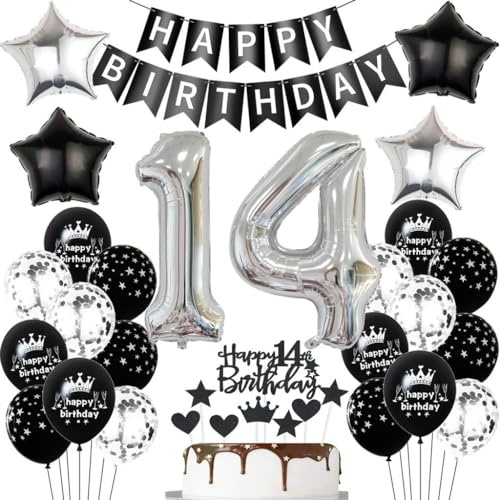 Schwarz Silber Luftballons 14. Geburtstag Dekoration,Schwarz Silber Geburtstagsdeko 14 Jahre Junge Mädchen,Ballons 14. Geburtstag Junge, 14 Jahre Tortendeko,14. Party Deko