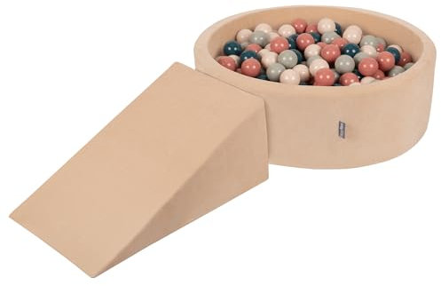 KiddyMoon Spielplatz Velvet Aus Schaumstoff Rund Bällebad Bällebad (200 Bälle) + Zwickel Ballgruben Babys Spielbad, Sandbeige:Dunkeltürkis/Pastellbeige/Grüngrau/Lachsfarben