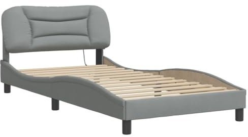 vidaXL Bettgestell, Bett mit LED ohne Matratze Hvar, Bettrahmen mit Lattenrost Wellenform, Einzelbett für Schlafzimmer, Hellgrau 100x200cm Stoff