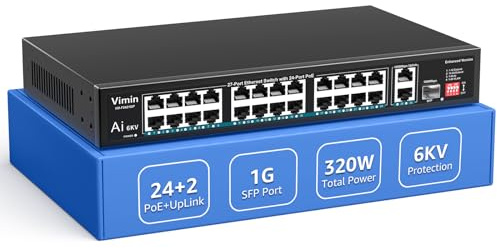 Switch PoE 24 Ports avec 2 Ports Gigabit Uplink & 1 SFP, VIMIN Switch Réseau PoE 27 Ports Non Géré 10/100Mbps avec 24 Ports PoE, AI Watchdog, VLAN, Extension 250m, Supporte IEEE802.3af/at