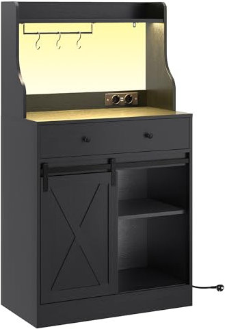 KIMENICH Küchenschrank, Sideboard mit LED, Steckdose, Große Schublade, Buffetschrank mit Arbeitsplatte, Verstellbaren Ablagen, 3 Hakens, Großer Stauraum, für Küche Wohnzimmer, Esszimmer, Schwarz