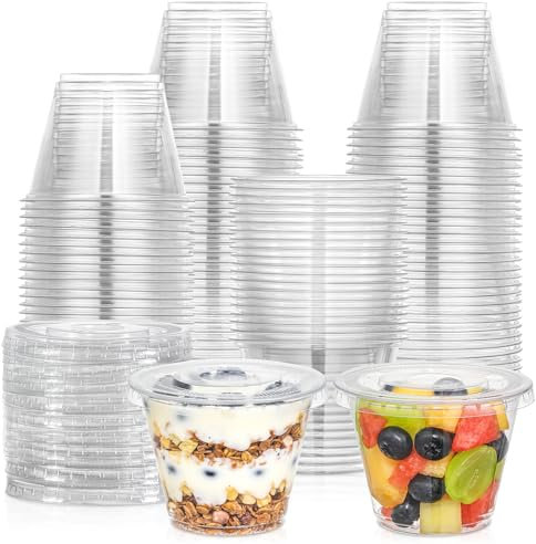 AOZITA 100 Sets, 9 oz Clear Plastic Cups With Flat Lids No Hole, Disposable Cups With Lids for Ice Cream, Pudding, Cake, Snacks Smoothie, Milkshake, Cold Drinks