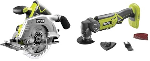 Ryobi R18CS-0 ONEPlus 18 V Cordless Circular Saw, 165 mm (Body Only) & ONEPlus R18MT-0 18V Cordless Multi Tool (Zero Tool), Hyper Green
