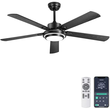 Ohniyou Ventilatore da soffitto da 132 cm con luce e telecomando, 6 velocità, luce regolabile, reversibile, motore DC silenzioso, ventilatore da soffitto nero per interni ed esterni