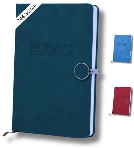 Rubaki Tagebuch | Premium Notizbuch mit Lesezeichen für Erwachsene & Kinder | Journal Buch mit Wochen & Monatsrückblick aus hochwertigem veganem Leder | A5 | Stabile Nietverschlusstechnik | Farbe Grün