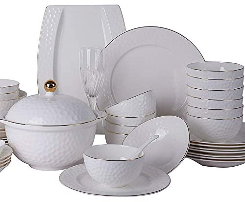 52 Pieces Bone China Dinnerware Set, White Porcelain Round Chip Resistant Kitchen Dinner Plate Bowl Dish Soup Pot with Gold Rim Service for 12