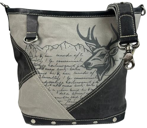 Domelo große Trachtentasche/Hirsch Aufdruck. Schwarz/grau Umhängetasche | Tasche mit Trachtenmotiv bedruckt, Canvas/ Leder Oktoberfest Crossover Schultertasche, Trachten Vintage Stil Crossbody bag