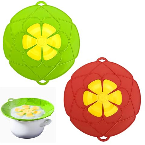 2 Pcs Silicone Anti Spill Lid Stoppers Multifunctional Spill Stopper Lid Cover Rotatable Flower Shape Suitable for Frying Pans, Skillets, And Microwave Ovens Kitchen Essentials 26cm (Red + Green)