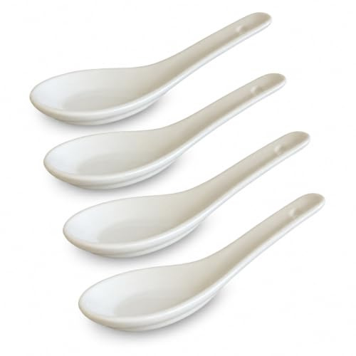White and black Series ASIATICA | Porzellan-Löffel Set Asien | 13 cm - für Reis, Suppen - zum Servieren von Desserts - Spoon-Set Ramen (4er Set weiß)