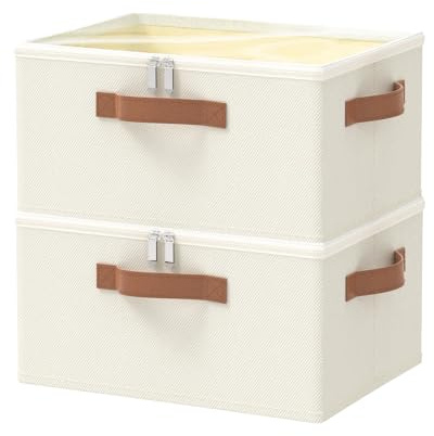 OUTBROS 2 Stück Aufbewahrungsbox, Stoffboxen 40x30x20cm, Beige | Faltboxen mit deckel und Griff, Kleiderschrank Organizer, Unterbettkommode für Kleidung, Decken, Bettdecken