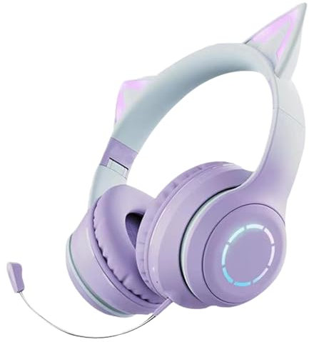 Audífonos sobre la oreja – Auriculares inalámbricos | Auriculares inalámbricos con orejas de gato | Control de volumen sobre la oreja | Auriculares con cancelación de ruido con micrófono | Auriculares