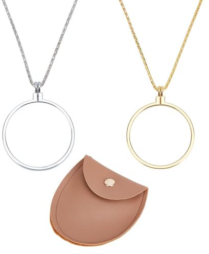 DELORIGIN 2pcs 5X Magnifier Monocle Lens Necklace Pocket Magnifying Glass with Leather Bag Loupe Pendant with 2 Colors Chain Magnifying Glass Magnifier Art Craft for Reading Dome Keepsake
