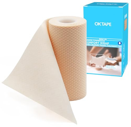 OK TAPE Short-Stretch Compression Bandage Wrap with Velcro, 2-Layer Comfort Wrap for Leg, Foot, Arm, Ideal for Use in Lymphoedema, Oedema, Latex Free - 4Inch x 4 Feet, 1 Roll