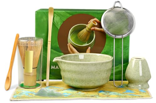 XPJBKC Matcha Set, 8 PCS Matcha Kit Includes Ceramic Matcha Bowl and Whisk, Whisk Stand, Scoop, Spoon Rest, Sifter, Tea Towel, Matcha Making Kit Gift for Beginners, Enthusiasts