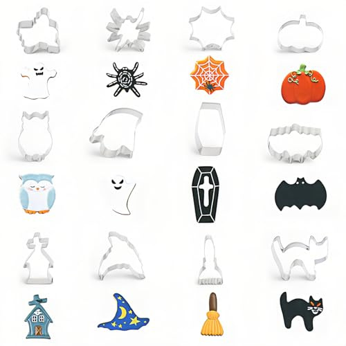 AYNKH 12-teiliges Halloween-Ausstechformen-Set, Edelstahl-Keksausstecher zum Backen von Geistern, Spinnennetz, Zaubererhut, Spinne, Kürbis, Besen, Fledermaus, Sarg, Katze für Halloween-Party