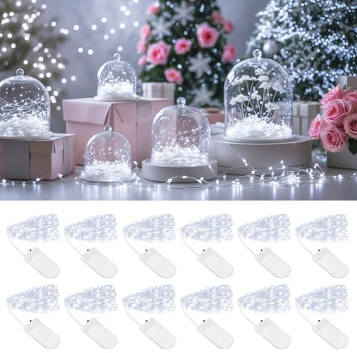 inpmrl 12 Pack LED Fairy Lights, 7ft 20 LED Battery Operated Silver Wire String Lights, Cool White Mini Starry Lights for DIY Crafts, Wedding, Party, Bedroom, Christmas Decor, (12 Pack – Cool White)