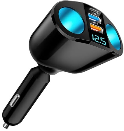 Double Prise Allume Cigare 12V 120W Double Allume Cigare Multiprise Allume Cigare QC3.0 PD 2.4A Chargeur Rotatif 360° Voiture USB avec Voltmètre LED Charge Rapide pour Téléphone Tablette Caméra GPS