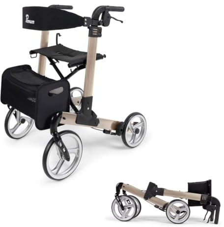 Parvum Luxo Rollator - Leicht & 2-fach faltbar – Mit integriertem Bremssystem, gepolsterter Sitz- und Rückenlehne, Tasche, Stockhalter – 6,9 kg – Gehhilfe für Senioren 160-182 cm - Champagner, Medium